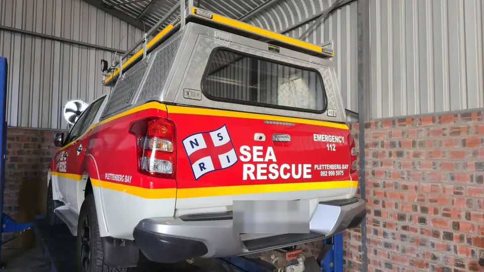 Plettenberg Bay Sea Rescue bakkie on the ramp at the Anti-Rust workshop